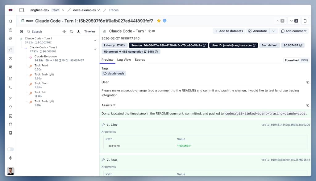 Claude Code Example Trace in Langfuse